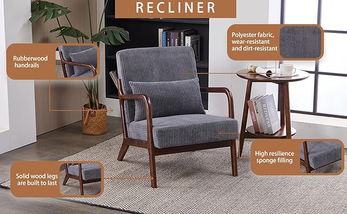 Mid Century Modern Accent Chair with Waist CushionComfy Upholstered Lounge Chair Ergonomic Reading Chair with Solid Rubberwood Frame for Living Room Bedroom (Antique Dark Grey+Brown)