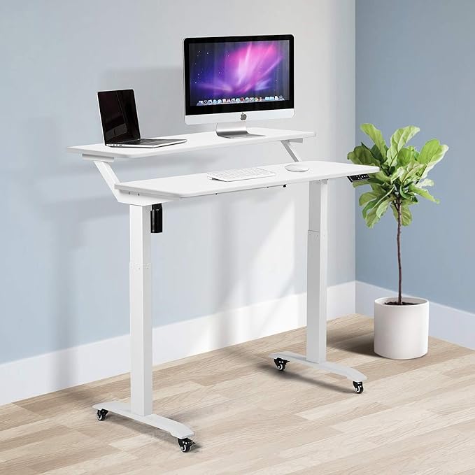 UNICOO Electric Height Adjustable 2-Tier Raising Desk with Wheels Mobile Standing Desk with Monitor Stand Ergonomic Adjustable Computer Table Electric Standing Game Table for Home Office