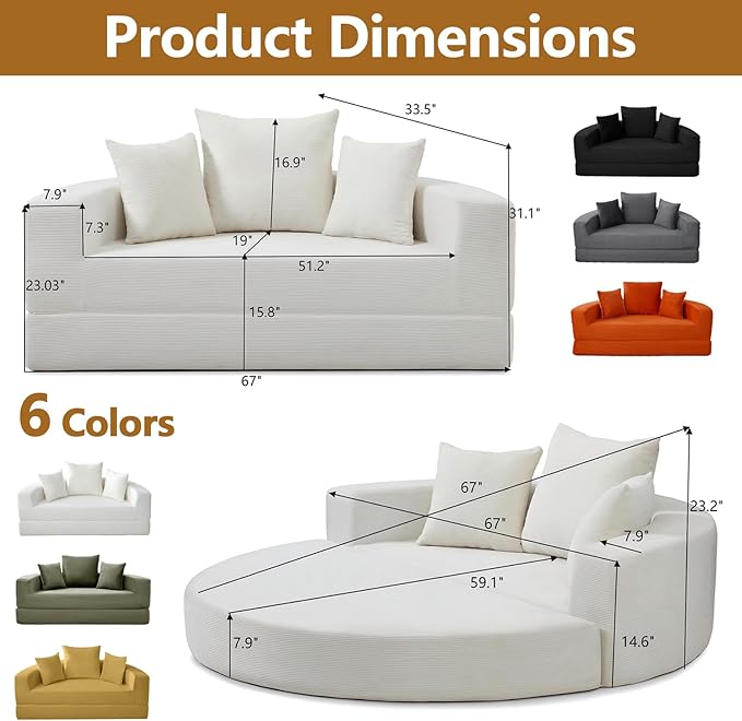 67'' Circular Convertible Compressed Sofa Bed White Corduroy Floor Lounge Round Boneless Couch Loveseat Sleeper Sofa Couch with 3 Cushions No Assembly for Apartment Bedroom