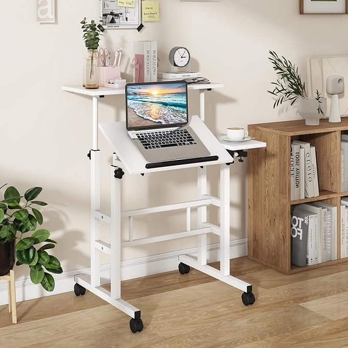 Tangkula Mobile Stand Up Desk Height Adjustable Home Office Desk with Standing &amp Seating 2 Modes Tilting Tabletop &amp Flexible Wheels Rolling Laptop Cart Sit Stand Desk (White)