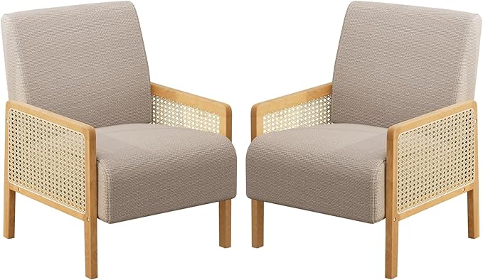 Rattan Accent Chair Set of 2 with Rattan Arms Mid Century Modern Chair for Living Room Linen Upholstered Comfy Chair for Bedroom Reading Room Home Office Brown