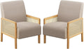 Rattan Accent Chair Set of 2 with Rattan Arms Mid Century Modern Chair for Living Room Linen Upholstered Comfy Chair for Bedroom Reading Room Home Office Brown