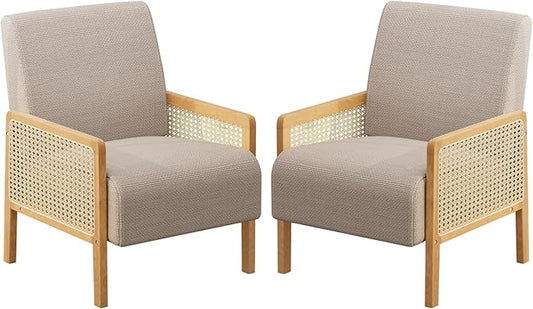 Rattan Accent Chair Set of 2 with Rattan Arms Mid Century Modern Chair for Living Room Linen Upholstered Comfy Chair for Bedroom Reading Room Home Office Brown