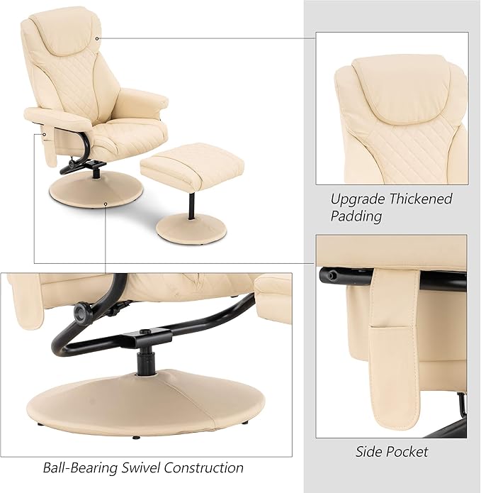 MCombo Recliner with Ottoman Reclining Chair with Massage 360 Swivel Living Room Chair Faux Leather 4901 (Cream White)