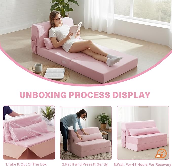 Tiita Convertible Folding Sofa Bed Twin Size for Adults with Pillow Plush Fabric Floor Mattress Couch Bed Washable Cover &amp Side Pocket Guest Room Dorm Apartment Living Room Pink