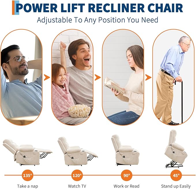 GarveeHome Power Lift Recliner Chair for Elderly Oversized Electric Lift Chair with Heat and Massage Corduroy Adjustable Recliner with Cup Holders &amp Side Pocket for Living Room Beige