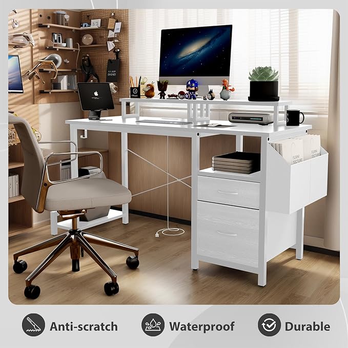 Computer Desk with File Drawers Cabinet 47 Inch Reversible Home Office Desks with Filing CabinetPower Outlet2 Monitor Stands for Small Space Gaming Study Writing Table PC Desks (White)