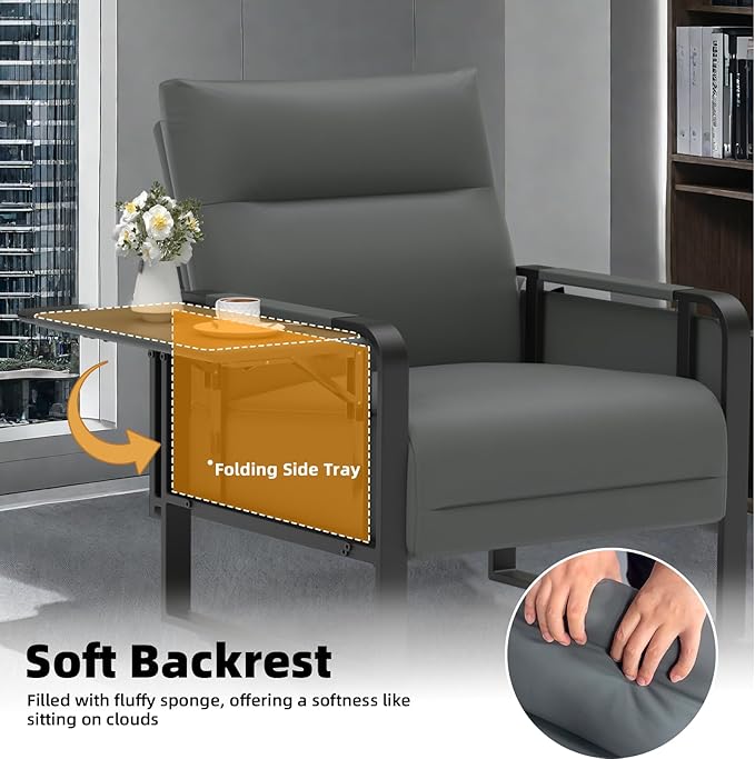 Faux Leather Accent Chair Upholstered Armchair with Side Tray &amp Pocket Comfy Reading Chair for Living Room Bedroom Guest Room Gray
