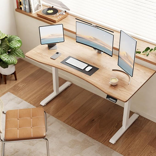 Solid Wood Electric Standing Desk 55x23.6Home Office DeskAdjustable Workbench with 3 Stages Dual Motor Computer Workstation with T-Shaped Metal BracketWalnut Standing Table for Gaming Room(1 Box)