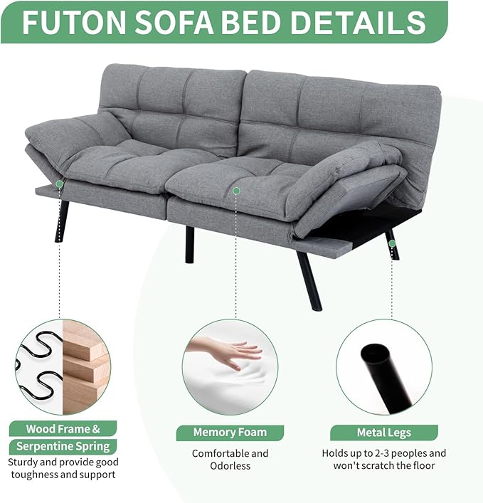 MUUEGM 71 Futon Sofa Bed Convertible Couch Bed Modern Loveseat with Adjustable Backrest&ampArmrest Sofas for Living RoomGame RoomDormitoryOffice.Light Grey Fabric