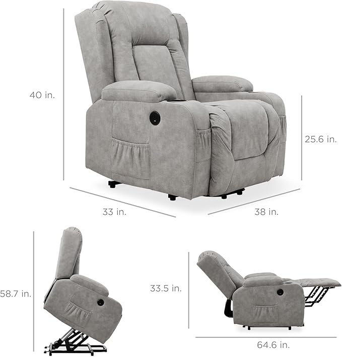 Best Choice Products PU Leather Electric Power Lift Chair Recliner Massage Chair Adjustable Furniture for Back Legs w/ 3 Positions USB Port Heat Cupholders Easy-to-Reach Side Button - Gray