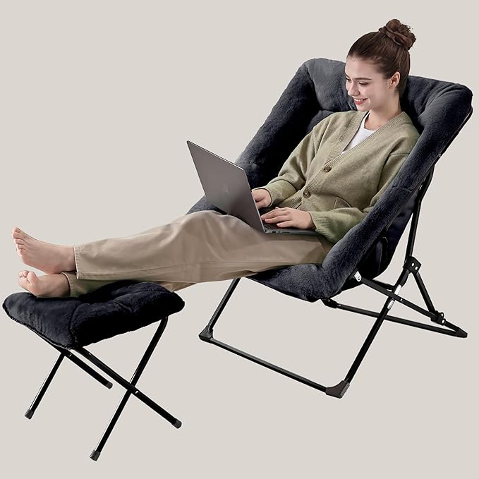 Walsham Folding Comfy Chair with Ottoman Faux Fur Soft Cozy Lounge Reading Papasan Chair with Footrest for Adults Kids Bedroom Living Room Dorms Small Space Black