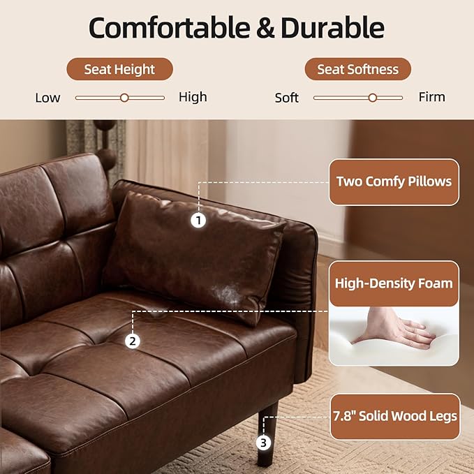 Futon Sofa Bed Sleeper Sofa Small Couch with Storage Adjustable Armrests Pillows Faux Leather Loveseat Mid Century Modern Couches for Living Room Bedroom Apartment Red Brown