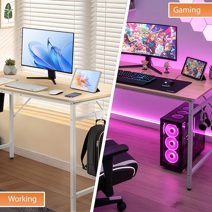 VINGLI 47 Inch Computer Office Modern Simple Gaming Desk with Side Fabric Drawer &amp Hook Up Wear-Resistant Surface Writing Desk Work Desk for Bedroom Living Room Oak
