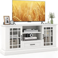 Tangkula Farmhouse TV Stand for TV up to 65 70 Inches Tall Media Console Table with 2 Glass Storage Cabinets 1 Drawer &amp 2 Open Shelves Wooden Entertainment Center for Living Room (White)