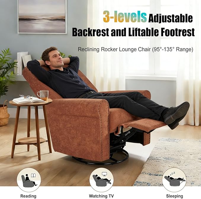 360° Swivel Rocker Recliner Chair with Upholstered Backrest Small Rocking Recliner for Small Spaces Chenille Fabric Glider Recliner Nursery Chair (Chenille-Red One Chair)