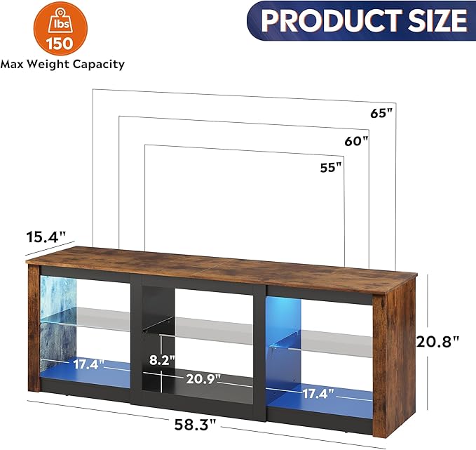 WLIVE Modern LED TV Stand for 65 70 Inch TV 58 Entertainment Center with Adjustable Glass Shelves &amp RGB Lights Wood Media Console Table for Living Room Bedroom Gaming Room Rustic Brown