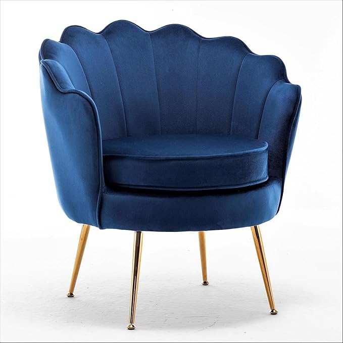 Velvet Barrel Accent Chair with Scalloped Silhouette and Gold Metal Legs Decorative Piece Suitable for Traditional Modern and Contemporary Spaces Navy Blue