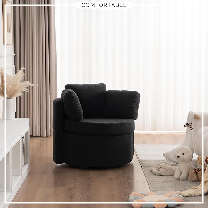 FOXHUNTER Swivel Barrel Chair 360 Degree Swivel Round Storage Chair with 3 Pillows Oversize Teddy Swivel Accent Chair Comfy Single Sofa Chair for Nursery Living Room Bedroom (Black)