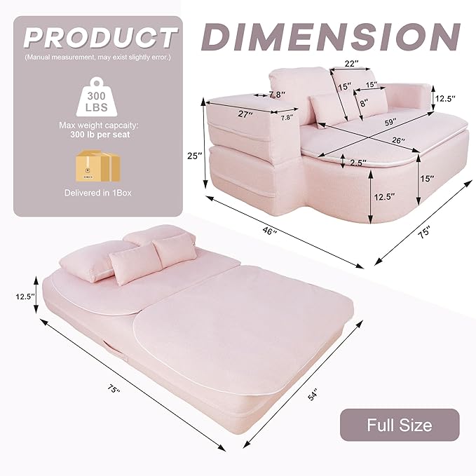 75'' Folding Sleeper Sofa Bed Convertible Memory Foam Boneless Couch Foldable Full Size Guest Bed Modern 2-in-1 Futon Floor Sleeper Sofa with 4 Pillows and Blanket (Teddy Pink2)