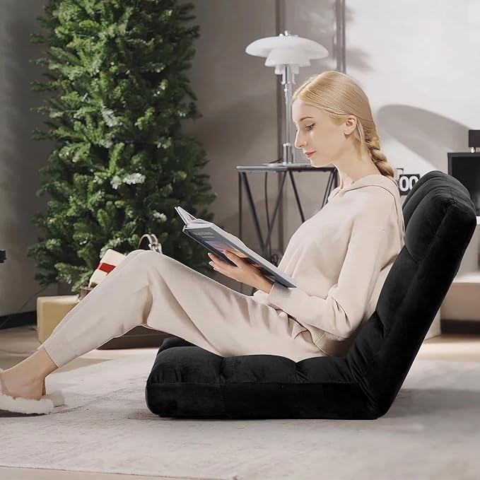 Floor Chair 24 inches Wide Oversized Velvet Armless Lay Flat Floor seat Padded Meditation Chair with 6 Adjustable Position Ergonomic Comfortable Convenient(LRSF-016-BLACK)