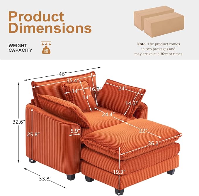 Furniliving Oversized Accent Chair with Ottoman Luxury Corduroy Single Sofa Upholstered Deep Seat Chaise Lounge with Pillows for Living Room Bedroom Apartment Orange