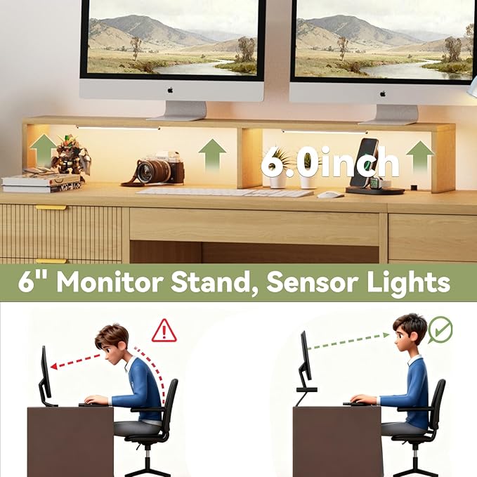 Fluted Desk with Drawers Filing Cabinet 63 Home Office Executive Desk with Lift Top Gaming Desk Charging Station Sensor Lights Wood Computer Table with Monitor Stand Natural Wood