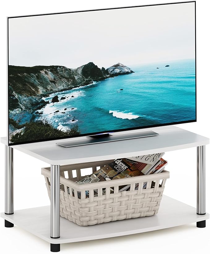 Furinno Turn-N-Tube No Tools 2-Tier Elevated TV Stand Stainless Steel Tubes White Oak/Chrome