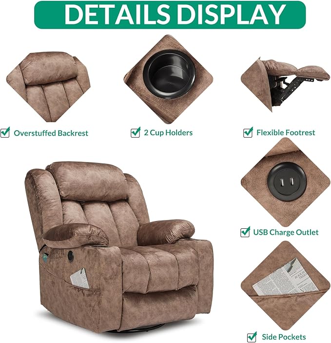 VIVIJASON Manual Swivel Rocking Glider Recliner Chair with Heat &amp Vibration Massage 360° Swivel Overstuffed Reclining Chair with 2 Cup Holders Side Pockets &amp USB Ports for Living Room Plush