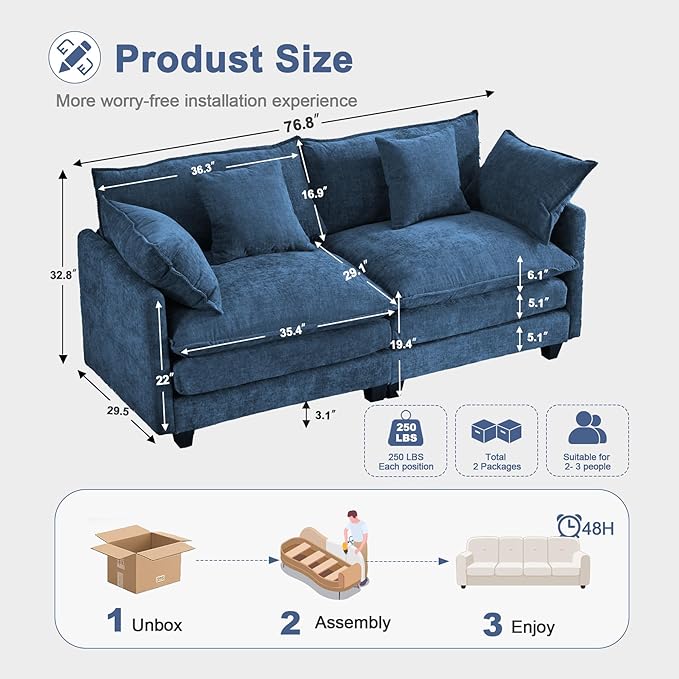 77 Loveseat Sofa Couch｜Small Cloud 2-Seater Sectional Sofa with 29.1 Deep Seat｜FSC Certified Solid Wood &amp Metal Frame｜Easy Assembly &amp 1YR Guarantee｜for Apartment Living Room Bedroom｜Blue
