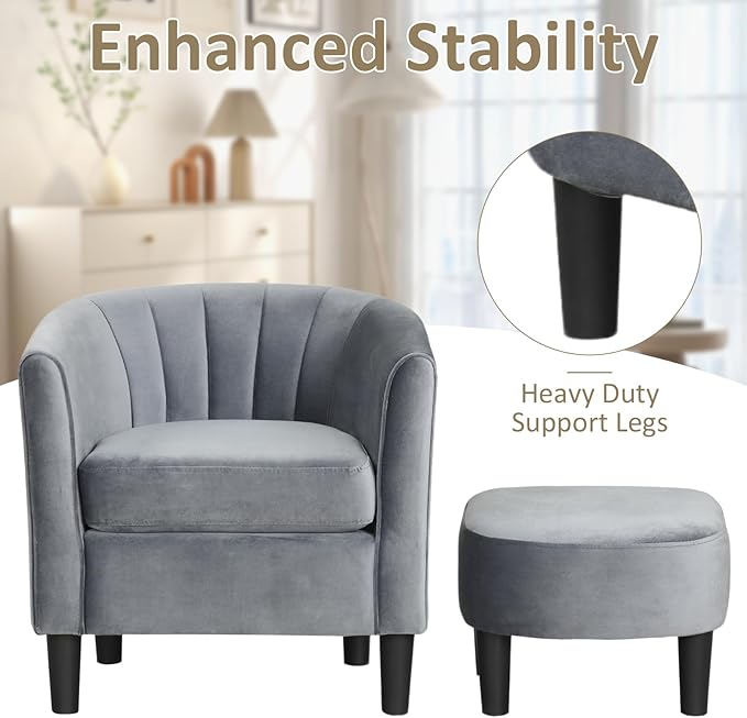 Giantex Modern Accent Chair with Ottoman Upholstered Teddy Velvet Barrel Club Chair w/Footrest Curved Backrest &amp Armrests Non-Slip Felt Pads Comfy Accent Arm Chair for Living Room Bedroom Gr