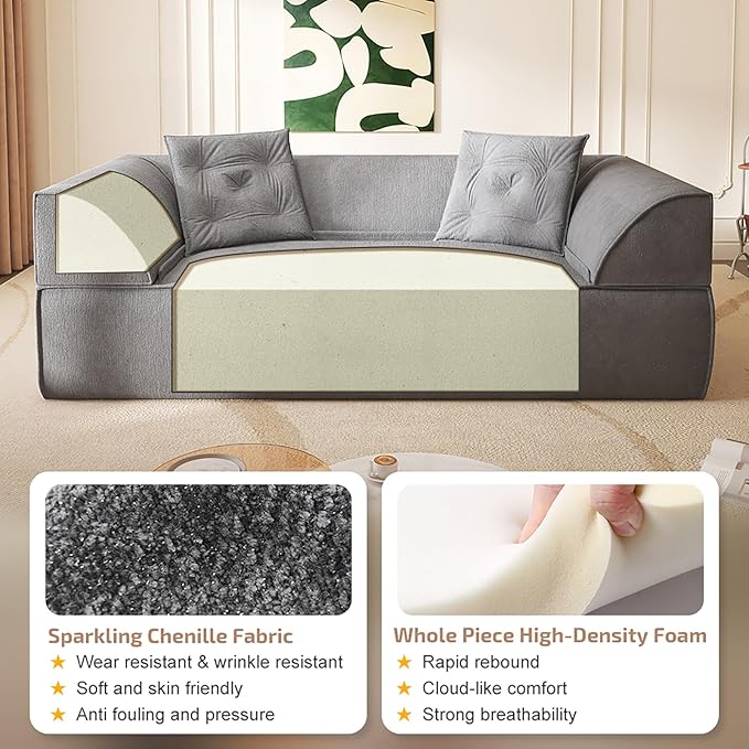 3-in-1 Convertible Sofa Bed 3-seater Boneless Futon Couch with Adjustable Backrest and Armrests Chenille Chaise Lounge Sofa with Pillows Floor Sleeper Loveseat for Living Room Reading Room Grey
