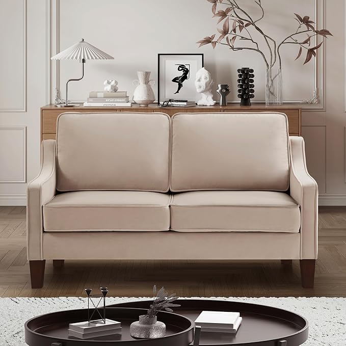 Modern Velvet Loveseat Sofa Couch Upholstered Love Seat Couches with Wooden Legs Comfy 2 Seat Small Couch for Living Room Bedroom Small Spaces Taupe