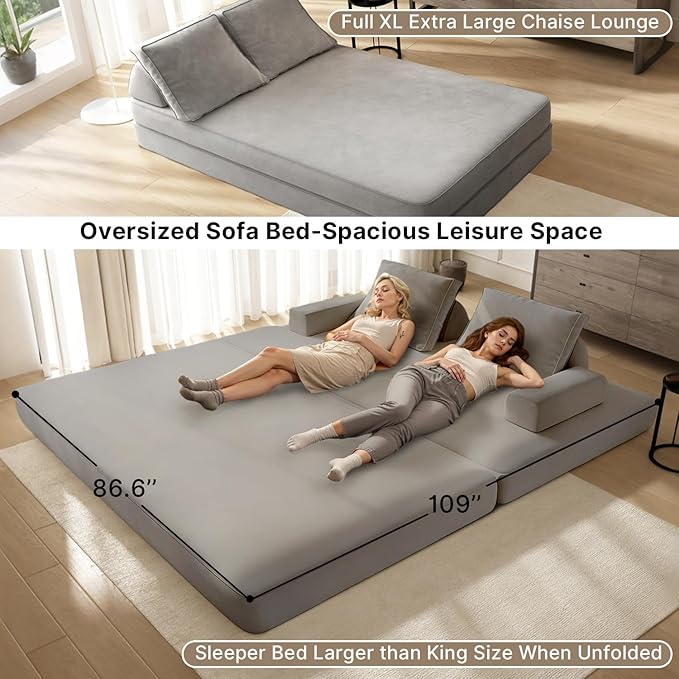 87 Folding Sofa Bed King Size Convertible Sleeper Sofa with Movable Backrest Foldable Futon Floor Couch Bed Chenille Boneless Couches for Living Room(Grey)