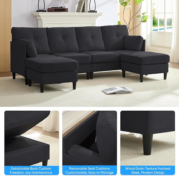 PUREMIND Sectional Couches for Living Room Modern Snow Velvet U-Shaped Sofa Couch with Double Chaise Upholstered 4 Seater Sofa with Double Chaise for Living Room Apartment Office Dark Grey