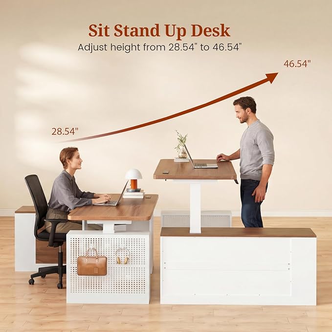 L Shaped Standing Desk Adjustable Height 53 Electric Office Desk with File Drawers &amp Storage Shelves Sit Stand Corner Computer Desk with Power Outlets Pegboard 6 Hooks White&amp Walnut