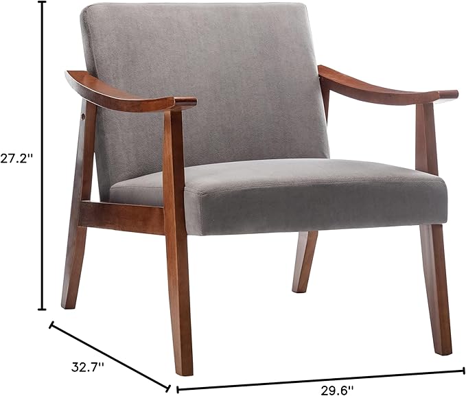 Accent Chair with Velvet Upholstery and Solid Wood Frame Classic Mid-Century Modern Living Room Furniture for Extra Seating Grey