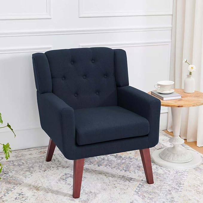 Accent Chairs Set of 2 Button-Tufted Upholstered Living Room Chairs Set of 2 Comfy Reading Chair Mid Century Modern Chairs with Linen Fabric Lounge Arm Chairs for Bedroom (Navy Blue)