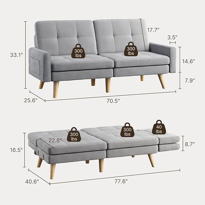 Gizoon 70.9 Sofa Bed Futon Couch Bed with Adjustable Backrest Modern Sleeper Sofa with Removable Armrest for Extended Length Love Seat for Living Room Office and Small Spaces Apartment Grey