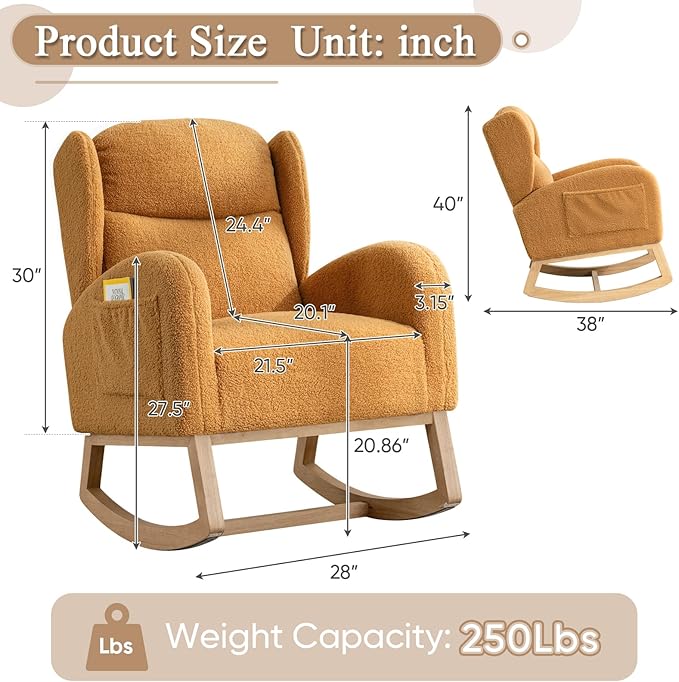 Rocking Glider Chair for Nursery Wingback Teddy Accent Rocker Chair Upholstered Tall Back Arm Chair w/Side Pockets Modern Leisure Single Sofa for Living Room Hotel Bedroom Baby Room Khaki