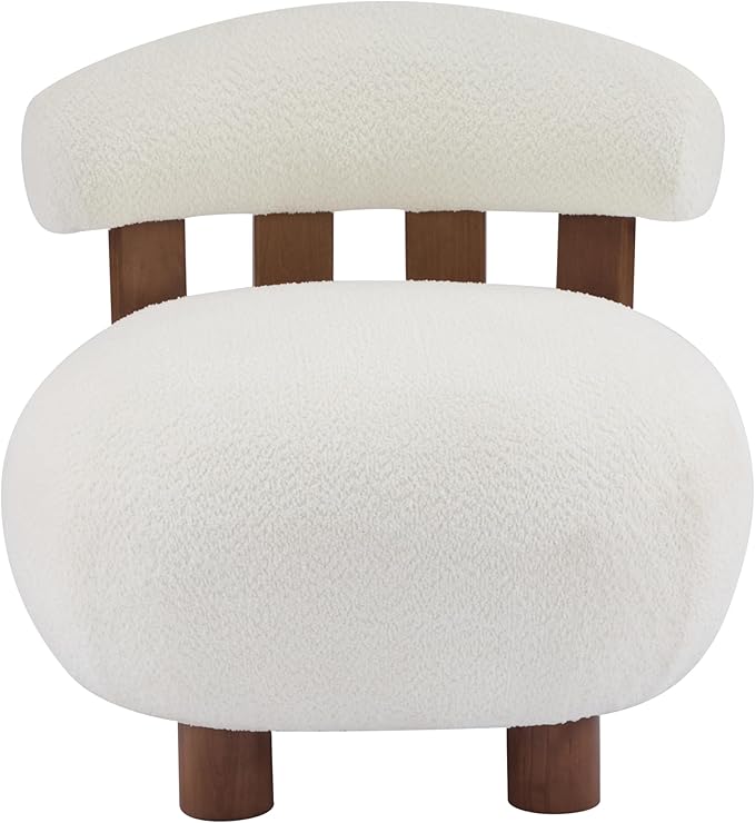 Christopher Knight Home Elvina Boucle Fabric Accent Chair Solid Wood Single Lounge Sofa Bedroom Comfy Reading Chair for Modern Minimalist Style Living Room/Home Office Milky White+Walnut