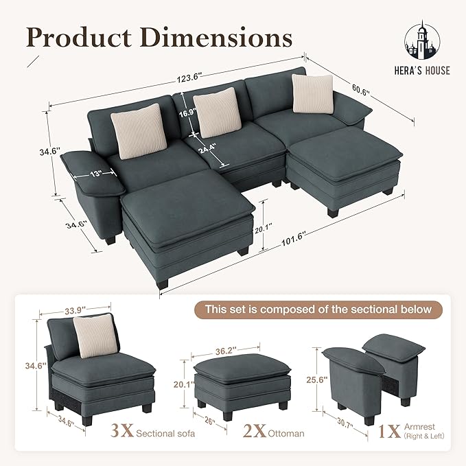 HERA'S HOUSE 124 Modular Sectional Sofa Oversized U Shaped Couches for Living Room Comfy Cloud Couch with Ottoman 5-Seater Deep Seat Sofa with Throw Pillow Chenille Blue