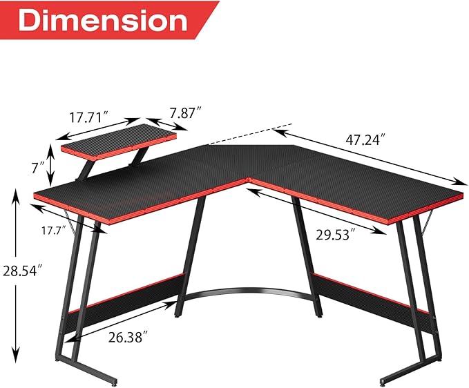 Homall L Shaped Gaming Desk Computer Corner PC Desk Table with Large Monitor Riser Stand for Home Office Sturdy Writing Workstation (Black 47 Inch)