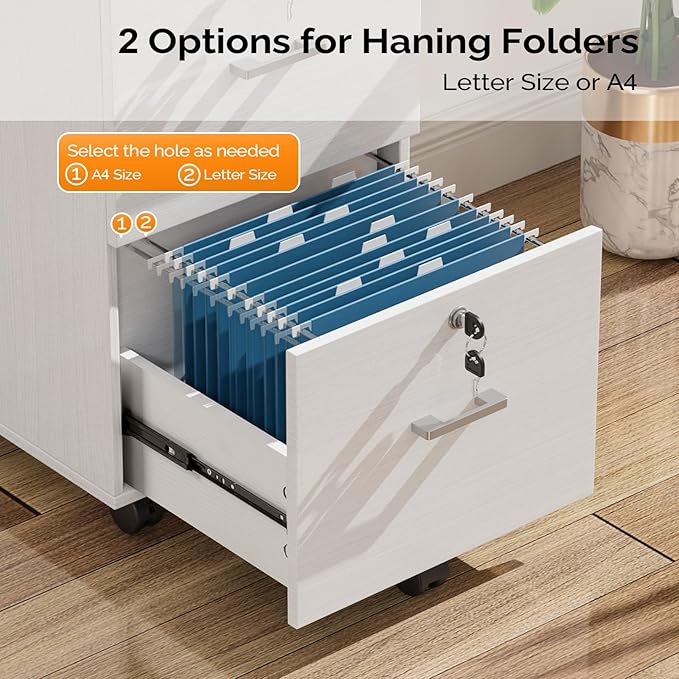 VINGLI 2 Drawer File Cabinet with Lock Wood Grain White File Cabinets for Letter Size File Folders with Tabs Mobile Under Desk Filing Cabinets for Home Office Rolling Filing Cabinet Printer Stand