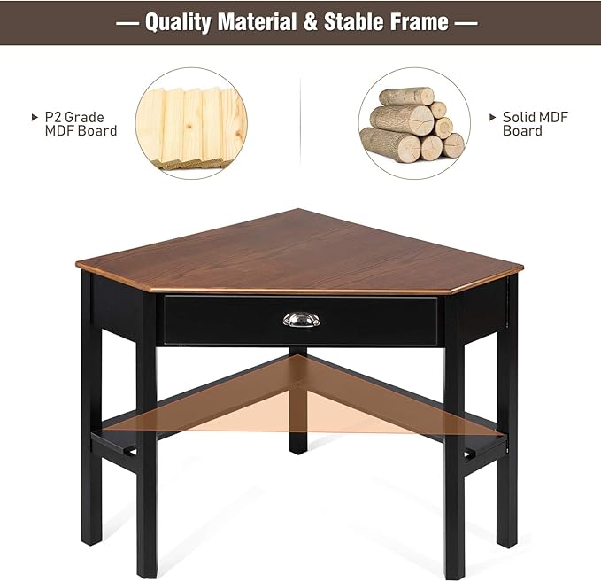 GOFLAME Computer Corner Desk Wood Compact Home Office Writing Workstation with Drawer and Shelves Laptop PC Corner Table for Small Space Home Office Coffee