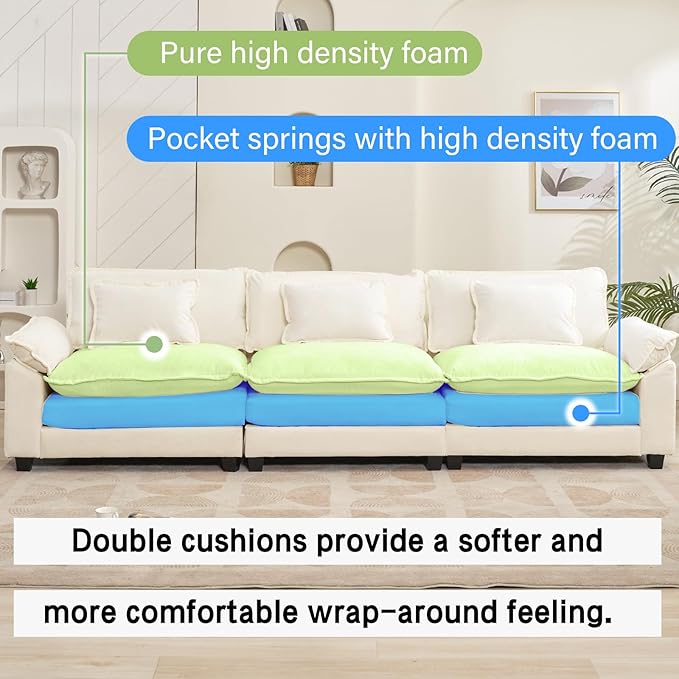 120 Comfy Cloud Sofa Couch with Throw Pillows Upholstered Deep Seat Cozy Sofa Sleeper Modern 3-Seater Modular Sectional Sofa for Living Room