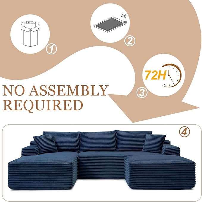 108 Cloud Modular Sectional Couch with Moveable Ottoman Modern Minimalist Upholstered Boneless Couch Deep Seat Corduroy Corner Couches (Blue 108 Left Facing Chaise + Ottoman)