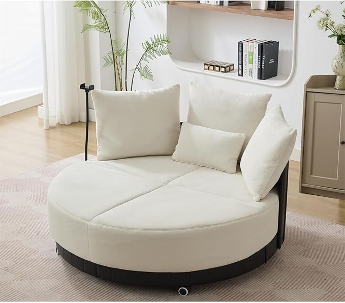 Polibi 52.75 Round Swivel Barrel Chair with Phone Holder and 360°Rotating Pulley Polyester Upholstered Chaise Lounge Oversize Single Sofa Chair for Living Room Bedroom Beige