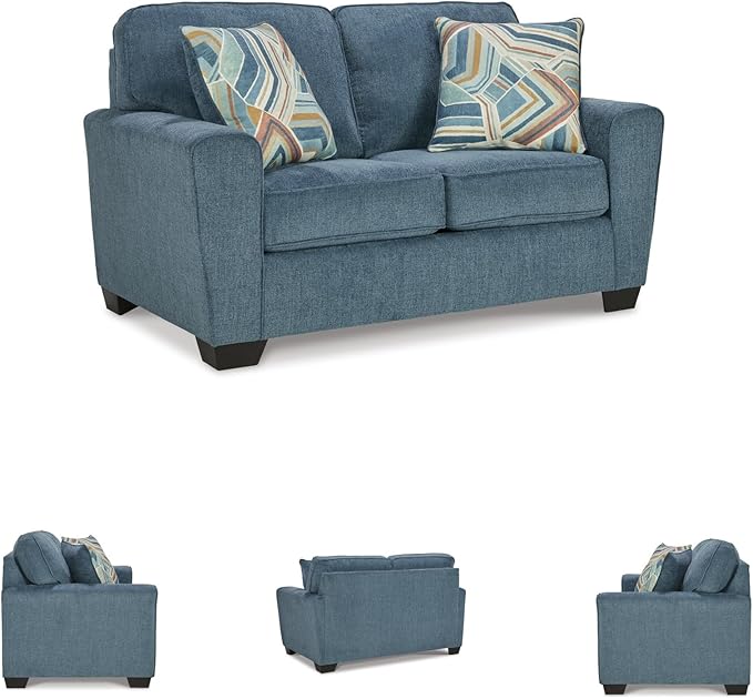 Signature Design by Ashley Cashton Contemporary Loveseat Exposed Feed With Faux Wood Finish Accent Pillows Fabric Upholstery 63 W x 38 D x 39 H Blue