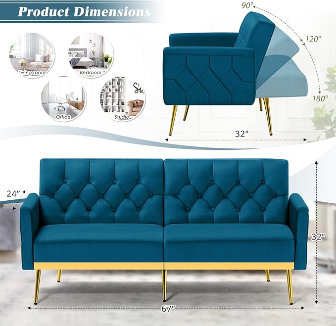 Tufted Velvet Futon Sofa Bed w/Adjustable Armrests &amp Backrests Comfortable Sleeper Couch Modern Convertible Love seat Sofa for Living Room Bedroom Apartment Teal